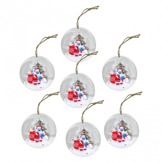 Picture of French Gray - 4# Santa Claus Wearing A Mask Wood Round Christmas Tree Home Hanging Decoration 8cm Dia., 1 Set(7 PCs/Set)