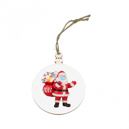 Picture of White - 5# Santa Claus Wearing A Mask Wood Round Christmas Tree Home Hanging Decoration 8cm Dia., 1 Piece