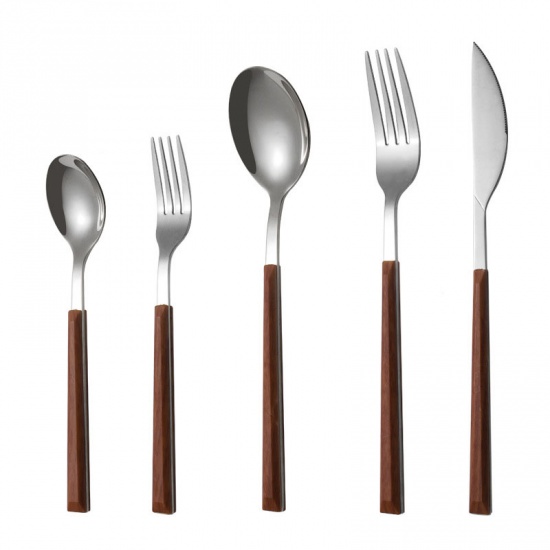 Picture of Silver Tone - Stainless Steel Wood Grain Knife Fork Spoon 5PCs Set Flatware Cutlery Tableware 16cm - 22.5cm long, 1 Set
