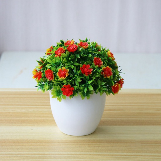 Image de Orange-rouge - 3 # Plantes en pot de fleurs artificielles en plastique Décoration de la maison 15x14cm, 1 pièce