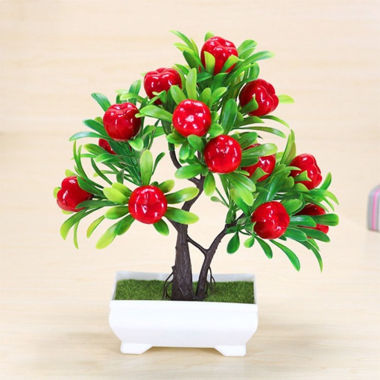 Image de Rouge - 1 # Plantes en pot artificielles en plastique de pommier décoration de la maison 24x16cm, 1 pièce