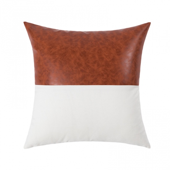 Immagine di Brown - Cotton & PU Splicing Square Pillowcase Home Textile 45x45cm, 1 Piece