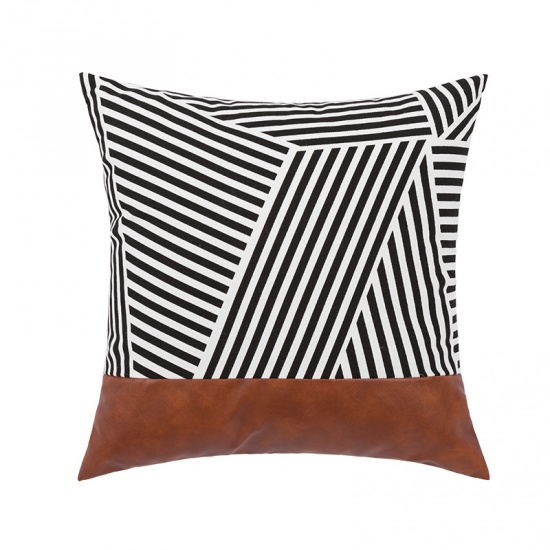 Immagine di Brown - Cotton & PU Stripes Splicing Square Pillowcase Home Textile 45x45cm, 1 Piece