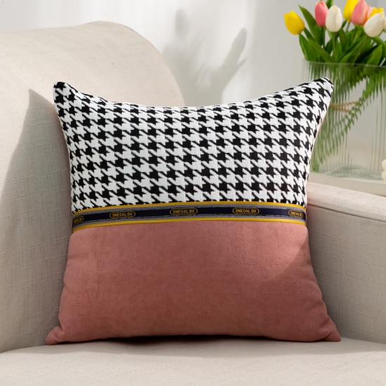 Picture of Pink - 45x45cm Splicing Houndstooth Blend Fabric Square Pillowcase Home Textile, 1 Piece