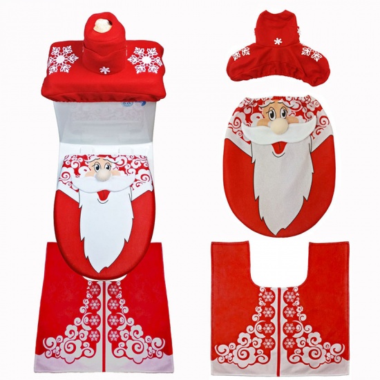 Immagine di Red - Velvet Christmas Santa Claus Non-Slip Bathroom Carpet Mat Toilet Lid Cover Water Tank Cover 3PCs Set, 1 Set