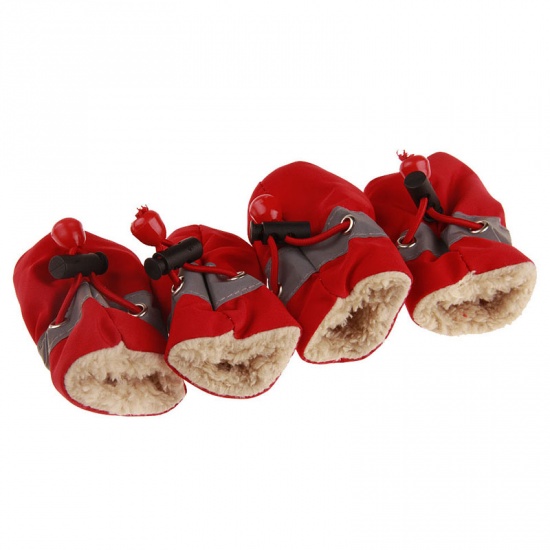 Imagen de Red - 6.5x5.5cm Winter Warm Fabric Drawstring Non-slip Soft Dog Socks Shoes Pet Accessories, 1 Set（4 PCs/Set）