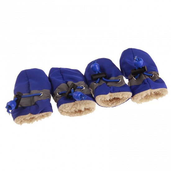 Imagen de Blue - 3.5x2.5cm Winter Warm Fabric Velvet Drawstring Non-slip Soft Dog Socks Shoes Pet Accessories, 1 Set（4 PCs/Set）