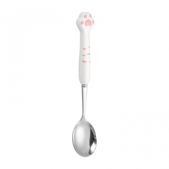Picture of White - Cute Cat Paw Silvery 304 Stainless Steel & Ceramic Spoon Flatware Cutlery Tableware 19.7x2.9cm, 1 Piece