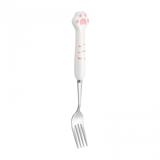 Picture of White - Cute Cat Paw Silvery 304 Stainless Steel & Ceramic Fork Flatware Cutlery Tableware 20.3x2.9cm, 1 Piece