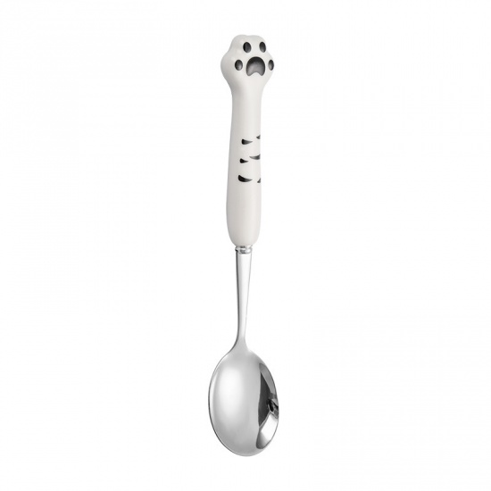 Picture of White - Cute Cat Paw Silvery 304 Stainless Steel & Ceramic Spoon Flatware Cutlery Tableware 19.7x2.9cm, 1 Piece