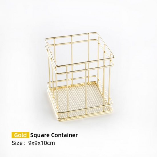 Picture of Iron Based Alloy Storage Container Box Basket Golden Rectangle 10cm x 9cm, 1 Piece