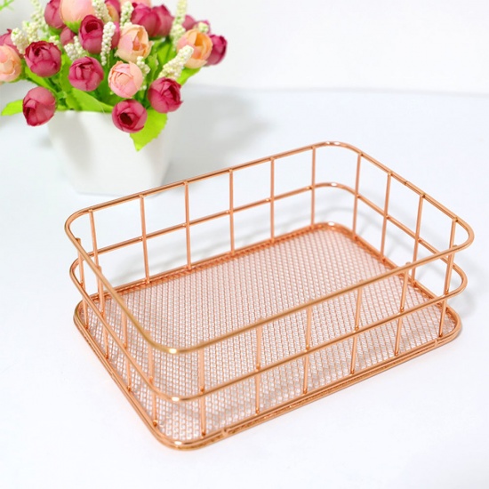 Picture of Iron Based Alloy Storage Container Box Basket Rose Gold 17cm x 12cm, 1 Piece