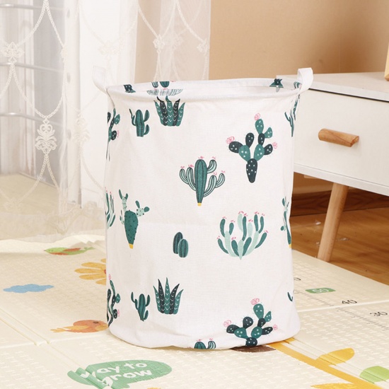 Immagine di Cotone & Lino Cesto della Biancheria Verde Tondo Cactus Piegabile 45cm x 35cm, 1 Pz