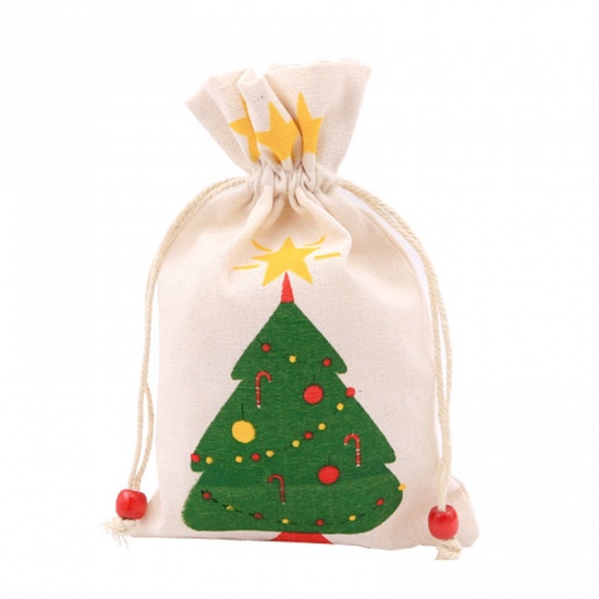 Imagen de Drawstring Bags Rectangle Creamy-White Christmas Tree 23cm x 15cm, 1 Piece