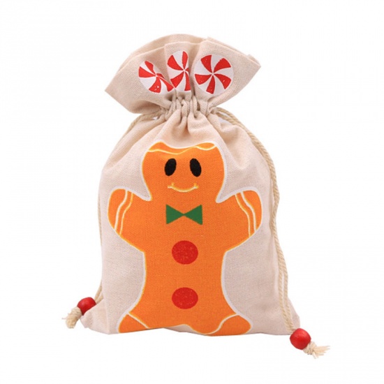 Изображение Drawstring Bags Christmas Ginger Bread Man Creamy-White Rectangle 23cm x 15cm, 1 Piece
