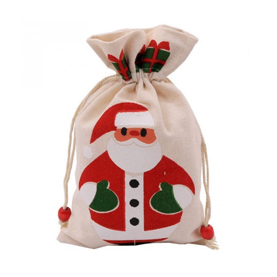 Изображение Drawstring Bags Rectangle Creamy-White Christmas Santa Claus 23cm x 15cm, 1 Piece