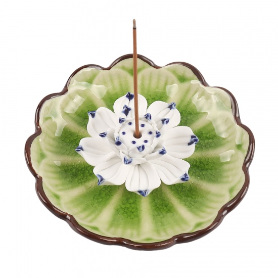 Immagine di Green - Lotus Flower Ceramic Incense Tray Multifunction Home Decoration 11.5x4cm, 1 Piece