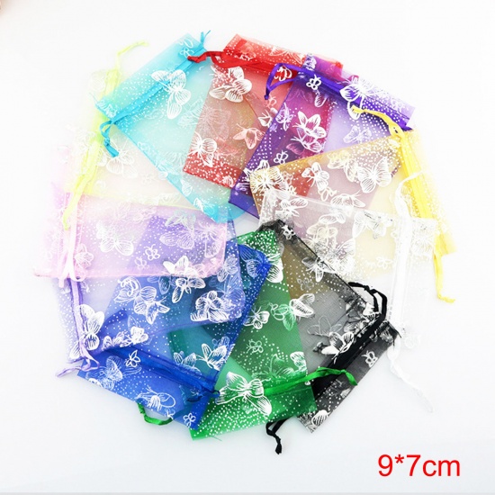 Picture of Wedding Gift Organza Drawstring Bags At Random Color Mixed Butterfly 9cm x7cm(3 4/8" x2 6/8"), 20 PCs