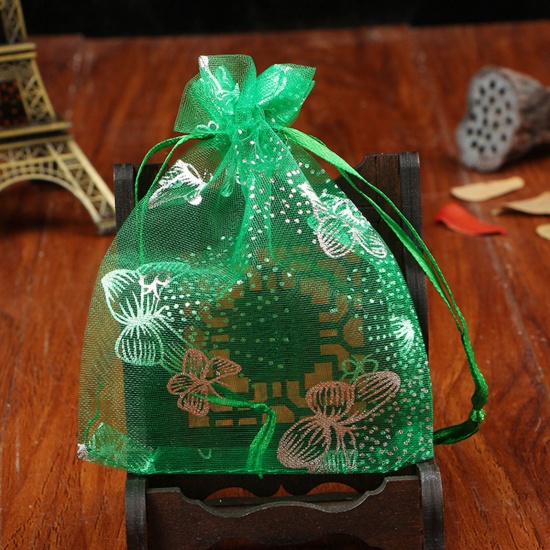 Image de Cadeau de Mariage Sac à Cordon en Organza Vert Papillons 16cm x 11cm, 20 Pcs