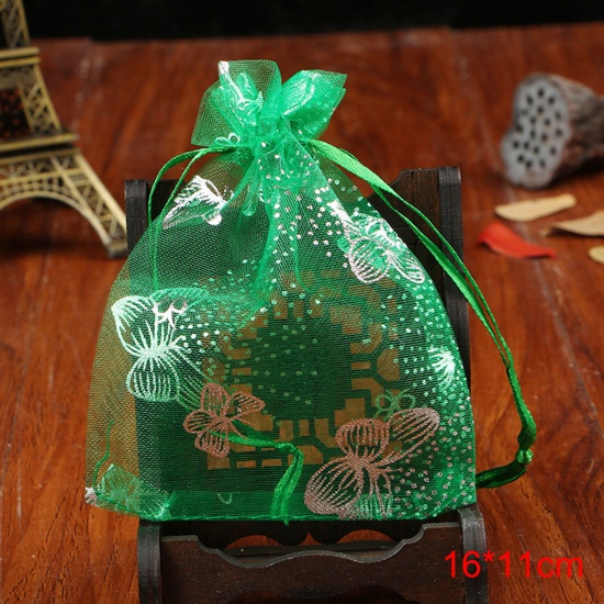 Image de Cadeau de Mariage Sac à Cordon en Organza Vert Papillons 16cm x 11cm, 20 Pcs
