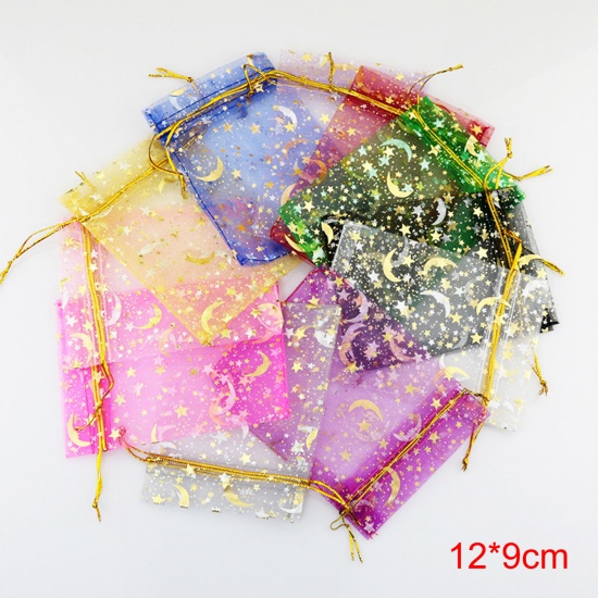 Picture of Wedding Gift Organza Galaxy Drawstring Bags Half Moon At Random Color Mixed Star 12cm x9cm(4 6/8" x3 4/8"), 20 PCs