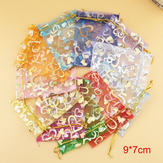 Picture of Wedding Gift Organza Valentine's Day Drawstring Bags At Random Color Mixed Heart 9cm x7cm(3 4/8" x2 6/8"), 20 PCs