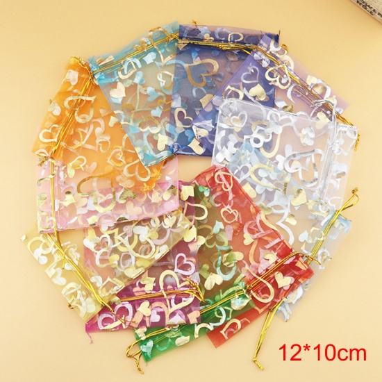 Picture of Wedding Gift Organza Valentine's Day Drawstring Bags At Random Color Mixed Heart 12cm x10cm(4 6/8" x3 7/8"), 20 PCs