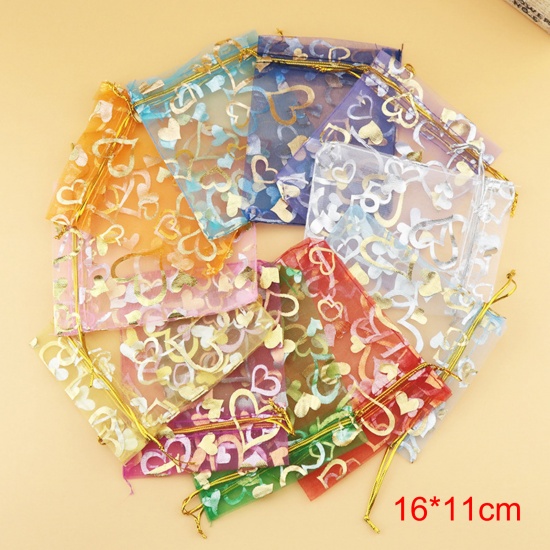 Picture of Wedding Gift Organza Valentine's Day Drawstring Bags At Random Color Mixed Heart 16cm x11cm(6 2/8" x4 3/8"), 20 PCs