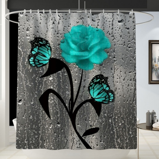 Immagine di Green - Rose Butterfly Bathroom Durable Waterproof Shower Curtain 180x180cm