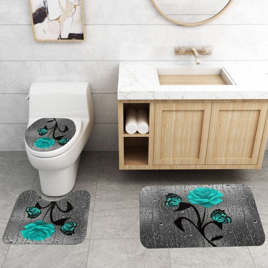 Immagine di Green - Rose Butterfly Bathroom Durable Waterproof Rug Lid Toilet Cover Bath Mat Rugs 3 Piece Set