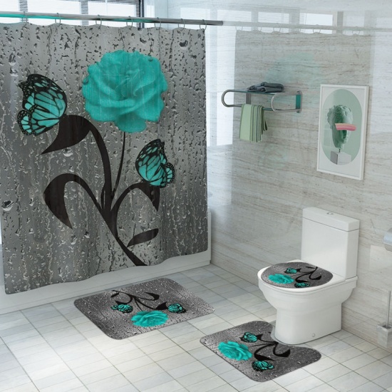 Immagine di Green - Rose Butterfly Bathroom Durable Waterproof Shower Curtain Rug Lid Toilet Cover Bath Mat Rugs 4 Piece Set