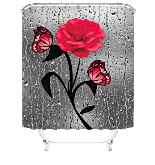 Immagine di Red - Rose Butterfly Bathroom Durable Waterproof Shower Curtain 180x180cm