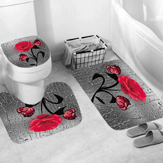 Picture of Red - Rose Butterfly Bathroom Durable Waterproof Rug Lid Toilet Cover Bath Mat Rugs 3 Piece Set