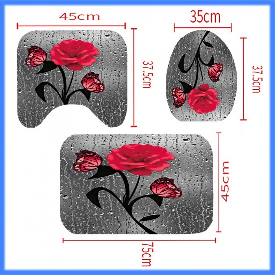 Immagine di Red - Rose Butterfly Bathroom Durable Waterproof Shower Curtain Rug Lid Toilet Cover Bath Mat Rugs 4 Piece Set
