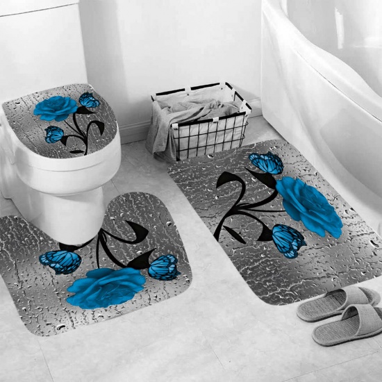 ブルー-ローズバタフライバスルーム耐久性ある防水ラグふたトイレカバーバスマットラグ3個セット の画像