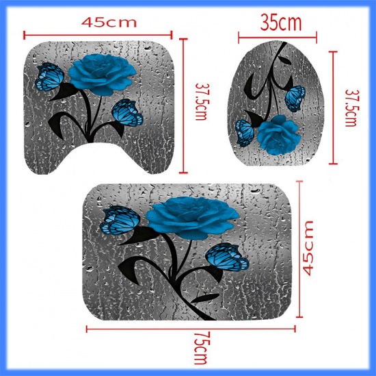 Immagine di Blue - Rose Butterfly Bathroom Durable Waterproof Rug Lid Toilet Cover Bath Mat Rugs 3 Piece Set