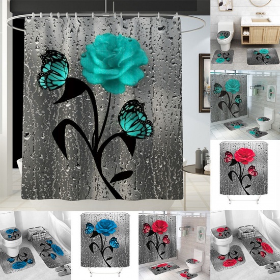 Immagine di Blue - Rose Butterfly Bathroom Durable Waterproof Rug Lid Toilet Cover Bath Mat Rugs 3 Piece Set