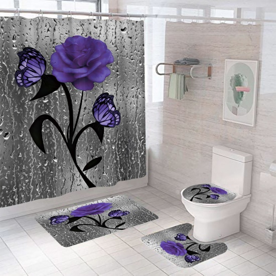 Imagen de Purple - Rose Butterfly Bathroom Durable Waterproof Shower Curtain Rug Lid Toilet Cover Bath Mat Rugs 4 Piece Set