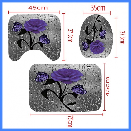 Immagine di Purple - Rose Butterfly Bathroom Durable Waterproof Shower Curtain Rug Lid Toilet Cover Bath Mat Rugs 4 Piece Set