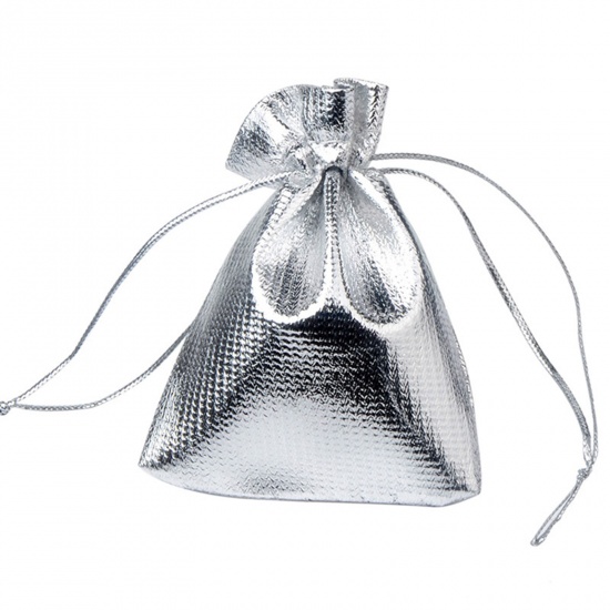 Picture of Wedding Gift Polyester Drawstring Bags Silver Color 7cm x5cm(2 6/8" x2"), 10 PCs