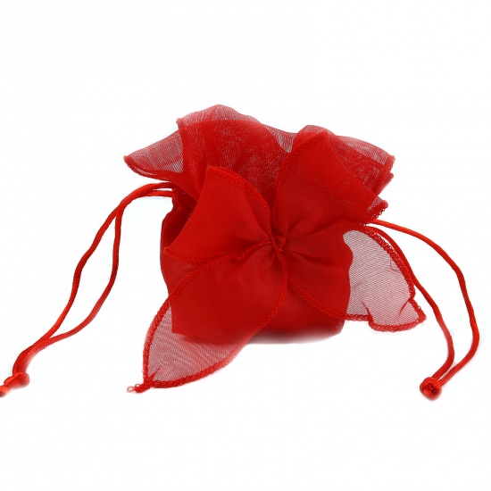 糸 結婚祝い ギフトオーガンジー巾着袋 アクセサリーバック ラッピング シンプル ギフト リボン 赤 （使用可能なスペース: 7x5.5cm ) 13.5cm x 9.5cm、 2 個 の画像