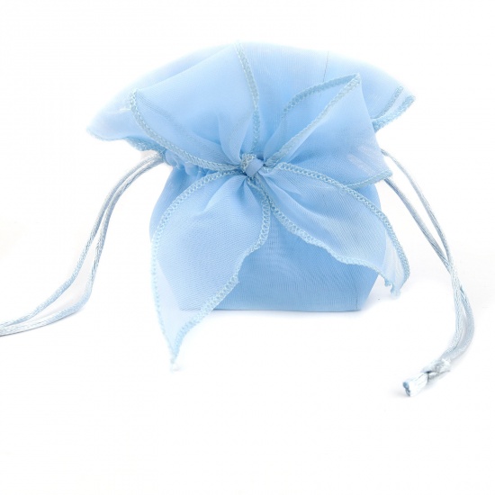 糸 結婚祝い ギフトオーガンジー巾着袋 アクセサリーバック ラッピング シンプル ギフト リボン 水色 （使用可能なスペース: 7x5.5cm ) 13.5cm x 9.5cm、 2 個 の画像
