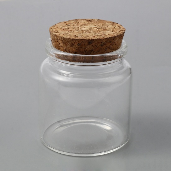 Picture of ( 50ml ) Natural Wood & Glass Food Storage Bottle Cylinder Transparent Clear 57mm x 45mm, 5 PCs