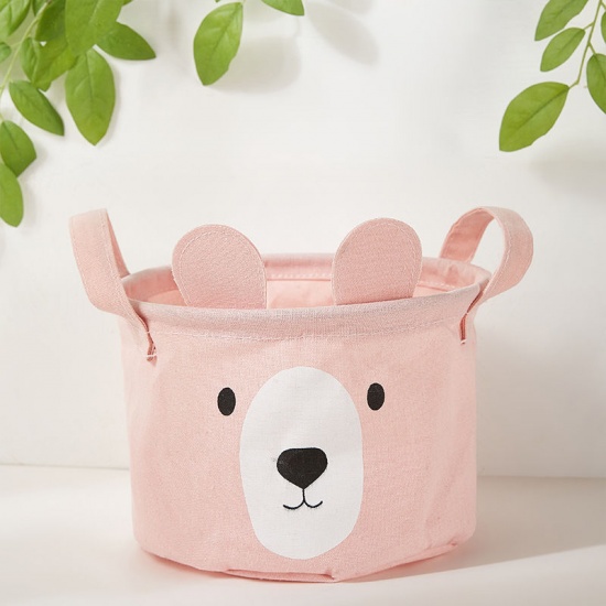 Picture of Pink - Bear Printed Cotton & Linen Foldable Round Storage Box With Handle 20x15cm, 1 Piece