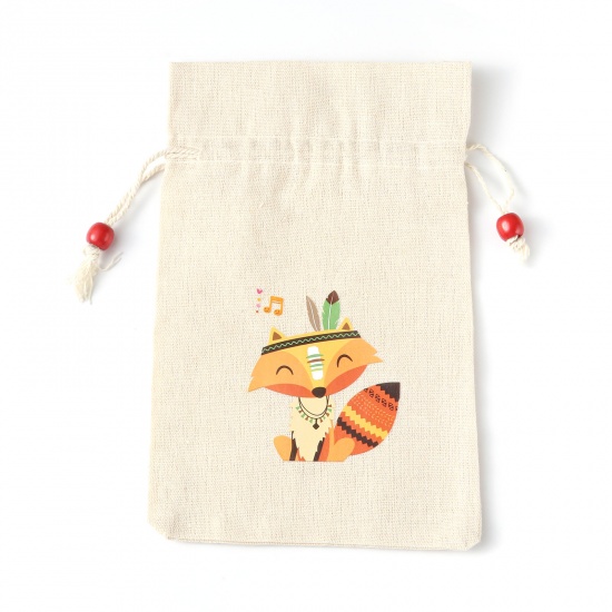 Picture of Cotton & Linen Drawstring Bags Rectangle Beige Fox (Usable Space: Approx 17.2cmx14.7cm) 22.2cm x 14.7cm, 3 PCs