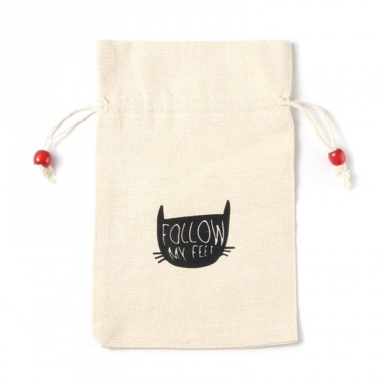 Picture of Cotton & Linen Drawstring Bags Rectangle Beige Cat (Usable Space: Approx 17.2cmx14.7cm) 22.2cm x 14.7cm, 3 PCs