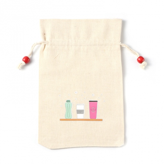 Picture of Cotton & Linen Drawstring Bags Rectangle Beige Beverages (Usable Space: Approx 17.2cmx14.7cm) 22.2cm x 14.7cm, 3 PCs