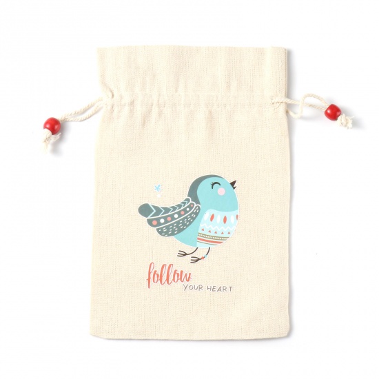 Picture of Cotton & Linen Drawstring Bags Rectangle Beige Bird (Usable Space: Approx 17.2cmx14.7cm) 22.2cm x 14.7cm, 3 PCs