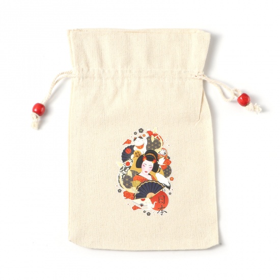Picture of Cotton & Linen Drawstring Bags Rectangle Beige Person (Usable Space: Approx 17.2cmx14.7cm) 22.2cm x 14.7cm, 3 PCs