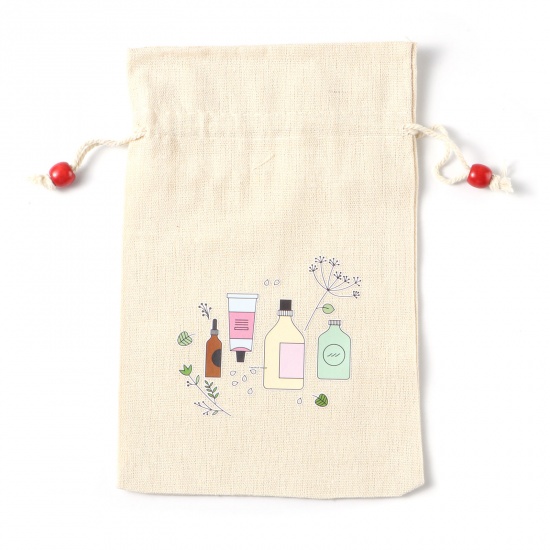 Picture of Cotton & Linen Makeup Drawstring Bags Rectangle Beige (Usable Space: Approx 17.2cmx14.7cm) 22.2cm x 14.7cm, 3 PCs